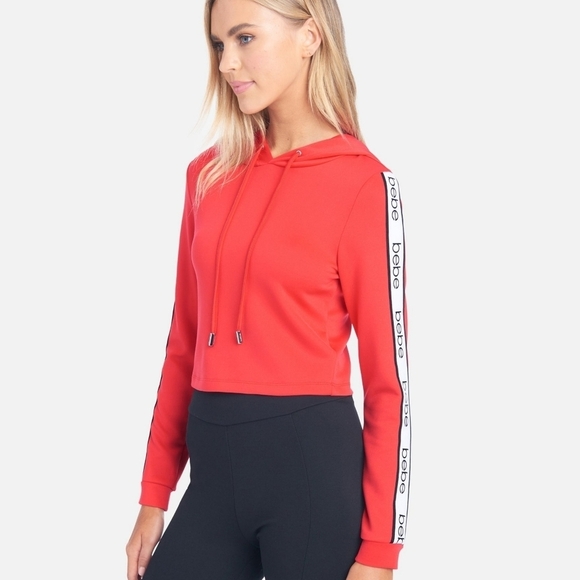 BEBE ✦ Red Pullover Hoodie ✦ Logo Sleeve Taping Waist-Length Athleisure Size XL - Picture 7 of 10
